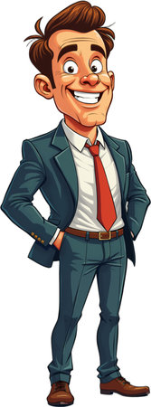 Cartoon man dressed in business attire, including a suit and tie, standing confidently with his hands on his hips. Isolated on white background.の素材