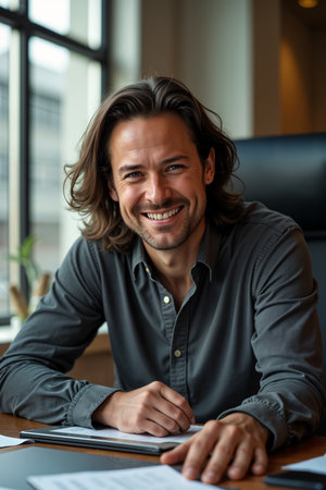 Smiling, long-haired man in a gray shirt is seated at a desk with papers and a pen, suggesting he might be a professional such as a writer or academic.の素材