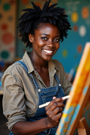 Smiling woman with curly hair, wearing a denim jumpsuit and holding a paintbrush, is engaged in painting at her easel.の素材