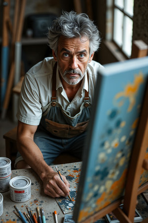 Bearded man, likely a painter or artist, is seated at a table with paint supplies, working on a canvas.の素材