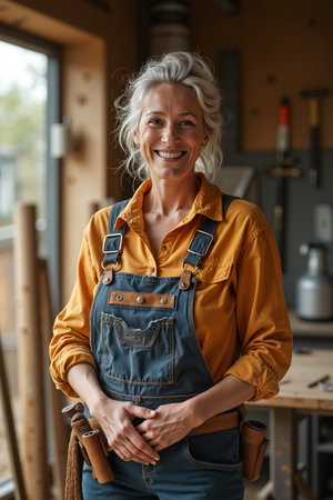 Smiling woman wearing a yellow shirt and blue overalls, standing in a workshop with tools and equipment around her, suggesting she might be a carpenter or handyman.の素材
