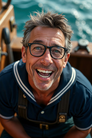 Man wearing glasses and a blue shirt with a nautical collar is laughing heartily, suggesting he might be a sailor or someone enjoying a boating activity.の素材