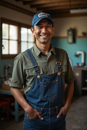 Man wearing a blue baseball cap and overalls, standing in a kitchen with a cheerful expression on his face.の素材