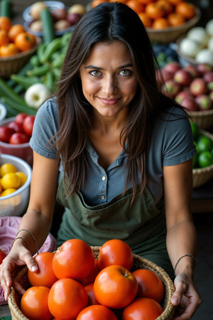 Smiling woman wearing a green apron is holding a basket of ripe red tomatoes, suggesting she might be a farmer or vendor at a market.の素材
