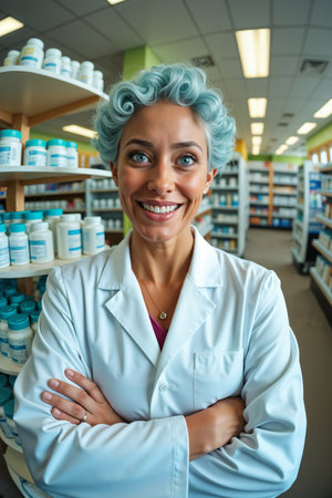Smiling pharmacist with blue hair stands confidently behind a counter filled with medications, ready to assist customers.の素材