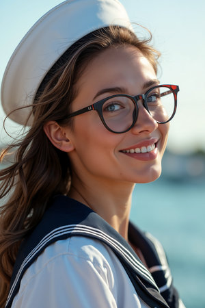 Young woman with glasses and a sailor's hat is smiling at the camera, suggesting she might be a sailor or enjoying a nautical theme.の素材