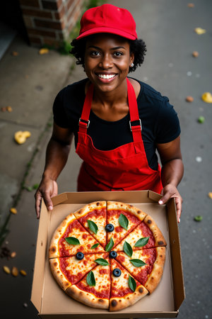 Cheerful woman, possibly a pizza chef or delivery person, is holding a box of pizza with a variety of toppings including basil and blueberries.の素材