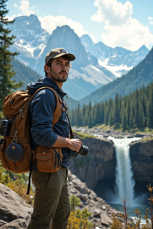 Illustrationer, equipped with a backpack and camera, stands on a rocky outcrop overlooking a mountainous landscape featuring a waterfall.の素材