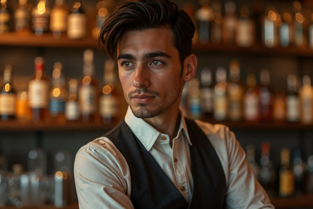 Bartender with a stylish beard and mustache, wearing a vest over a shirt, stands behind a bar filled with various bottles of alcohol.の素材