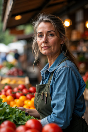 Woman wearing a blue apron and standing behind a table filled with fresh produce, likely at a farmers market or grocery store.の素材