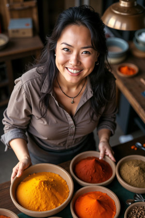 Cheerful woman, possibly a chef or spice seller, is surrounded by various bowls of vibrant spices on a table, suggesting she might be preparing a meal or showing her collection of flavors.の素材
