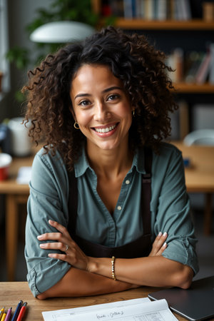 Smiling woman with curly hair, wearing a green shirt and brown suspenders, is seated at a desk with papers and books around her, suggesting she might be a professional such as a teacher or writer.の素材