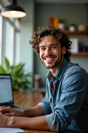 Young man with curly hair, wearing a denim shirt and smiling at the camera while sitting at a desk with a laptop, appears to be a content creator or digital artist given the context of his workspace.の素材