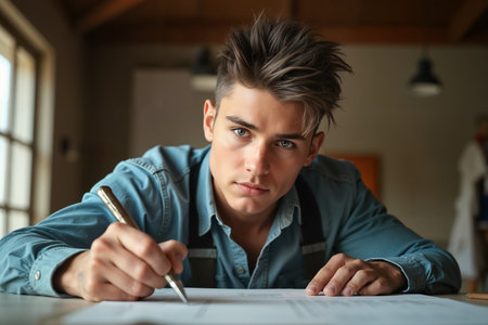 Young man with a pen and paper, possibly a writer or artist, is captured in a moment of concentration in his workspace.の素材