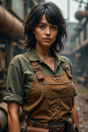 Young woman with short brown hair and a serious expression, wearing a green shirt, brown suspenders, and a utility belt, stands confidently in what appears to be an industrial setting.の素材