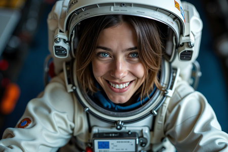 Smiling astronaut wearing a white space suit with a helmet, looking directly at the camera.の素材