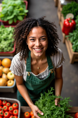 Smiling woman wearing a striped shirt and green apron, standing amidst various fruits and vegetables, appears to be a farmer or market vendor.の素材