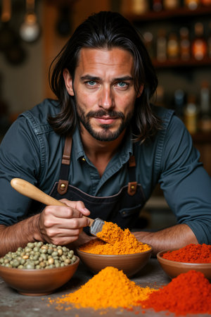 Bearded man, possibly a chef or cook, is seen holding a wooden spoon over a bowl of red pepper flakes and other spices on a table, suggesting he might be preparing a meal with these ingredients.の素材