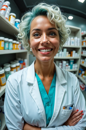 Smiling pharmacist with curly blonde hair stands confidently behind a shelf of medications, ready to assist customers.の素材