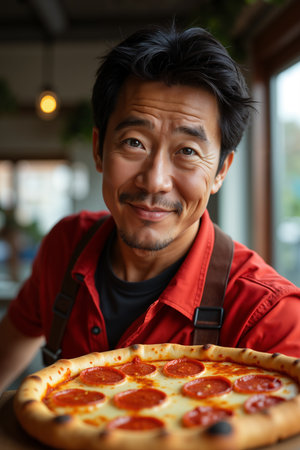 Smiling man, possibly a chef or pizza maker, is holding up a large pepperoni pizza with a proud expression.の素材
