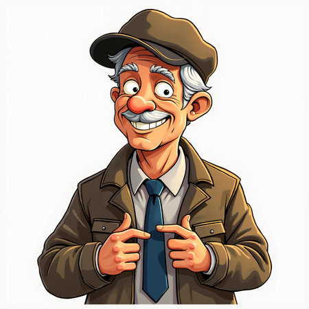 Cartoon man wearing a brown hat and jacket, smiling and looking directly at the viewer. He appears to be a detective or private investigator due to his attire and confident demeanor.の素材