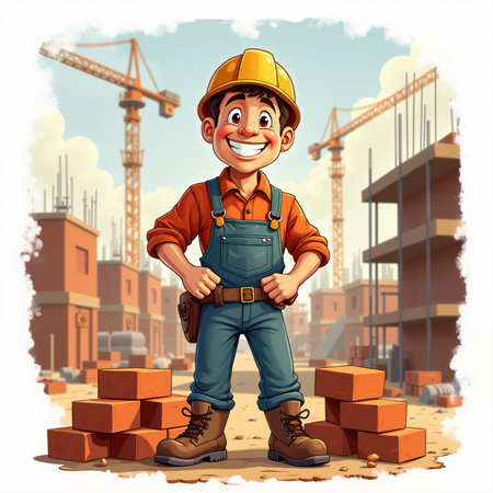 Cartoon construction worker standing confidently on a pile of bricks, surrounded by construction sites and buildings under construction.の素材