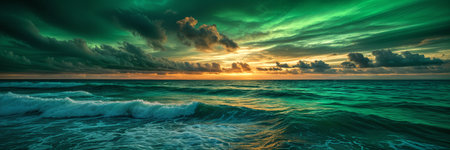 Beautiful sunset over the ocean, with the sky painted in hues of green and orange, and clouds scattered across it. The water appears calm, reflecting the vibrant colors of the sky.の素材
