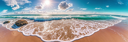 Beautiful beach scene with the ocean's foamy waves crashing onto the shore, and the sun shining brightly in the sky, casting light on the water and creating a picturesque view.の素材