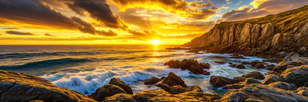 Breathtaking sunset over the ocean, with the sky painted in hues of orange and yellow, reflecting off the water's surface.の素材