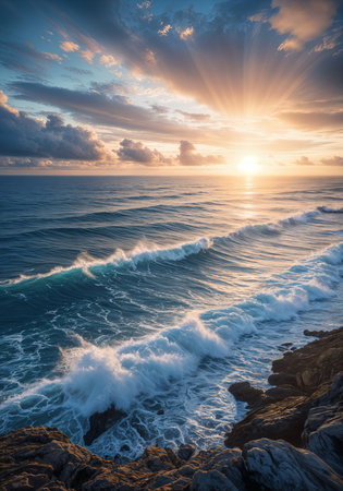 Breathtaking sunset over the ocean, with the sun's rays illuminating the horizon and casting a warm glow on the water.の素材