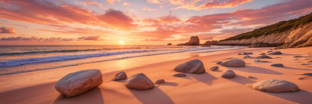Serene beach scene at sunset, with the sky painted in hues of pink and orange, and large rocks scattered across the sandy shore.の素材