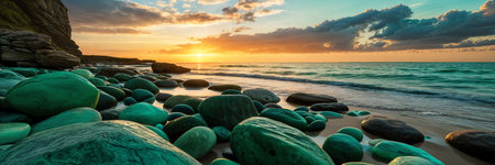 Serene beach scene at sunset, with the sky painted in hues of orange and blue. The foreground is filled with green rocks scattered across the sandy shore.の素材