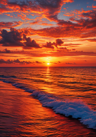 Breathtaking sunset over the ocean, with the sky painted in hues of red and orange, reflecting off the water's surface.の素材