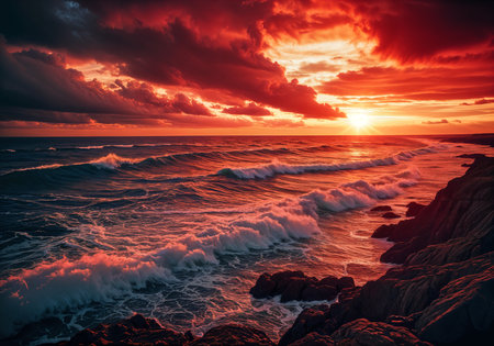 Breathtaking sunset over the ocean, with the sky painted in hues of red and orange, reflecting off the water's surface.の素材