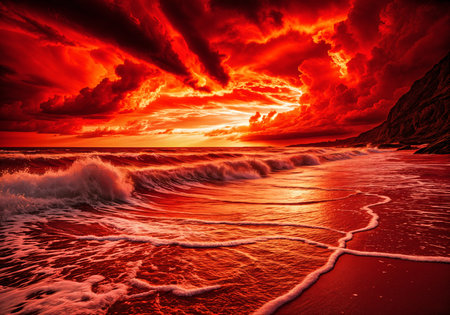 Dramatic beach scene at sunset, with the sky painted in shades of red and orange, reflecting on the ocean's surface.の素材