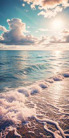 Beach at sunset with the ocean and clear blue sky with clouds.の素材