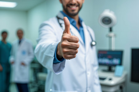 A doctor in a white coat and blue shirt gives a thumbs-up in a hospital setting, with medical equipment and other staff in the background.の素材
