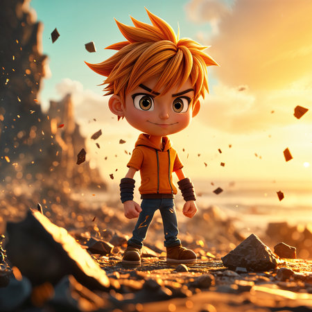 Young male character with orange hair and a determined expression, standing on a rocky beach at sunset. He is wearing a yellow jacket and blue jeans, with black wristbands.の素材