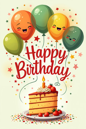 Birthday card with a colorful background, featuring a cake adorned with red icing and strawberries, surrounded by balloons, with the text Happy Birthday written in red cursive.の素材