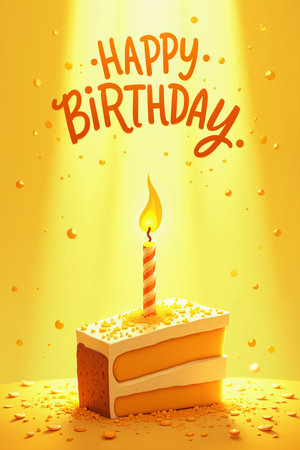 Birthday card with a square cake with lit candle, yellow background, and a playful handwritten-style font that reads Happy Birthday.の素材