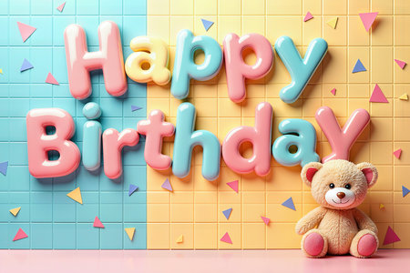A birthday greeting with a 3D Happy Birthday sign and a cute teddy bear sitting on a pink surface against a pastel grid background.の素材