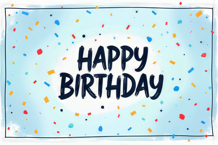 A birthday greeting card with colorful confetti and a handwritten-style message that says Happy Birthday.の素材