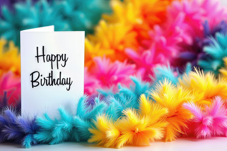 A white Happy Birthday card is surrounded by vibrant, multicolored feathers, creating a festive birthday scene.の素材