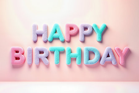 3D pastel-colored furry letters spelling out Happy Birthday on a light pink backdrop, celebrating a birthday.の素材