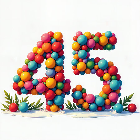 Greeting card for 45 years. Festive balloon numbers 45 in vibrant colors with heart smalls and leaves, celebrating a birthday.の素材