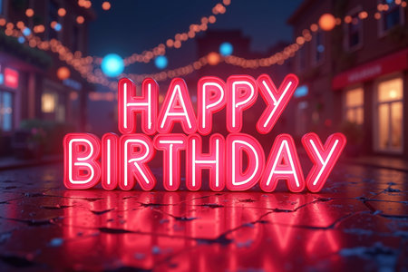Large red neon sign with white outlines on wet cobblestone, surrounded by blurred city lights and string lights.の素材