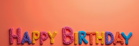 Bright, multicolored balloon letters spelling Happy Birthday against an orange-pink backdrop.の素材