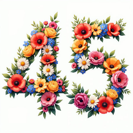 The number 45 is beautifully illustrated with colorful flowers on a white background, perfect for a birthday card. Vibrant blooms and lush greenery create a stunning visual effect.の素材
