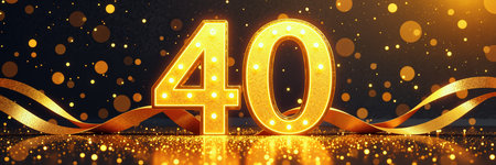 Large golden 40 sign with lights, surrounded by ribbons, glitter, and gold confetti on dark background, celebrating 40th birthday.の素材