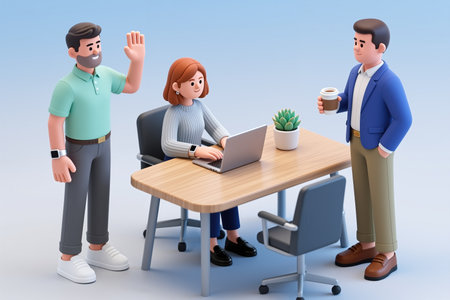 Three cartoon people in a modern office, one woman typing on laptop, two men standing, in a minimalist, stylized, blue-toned background scene.の素材